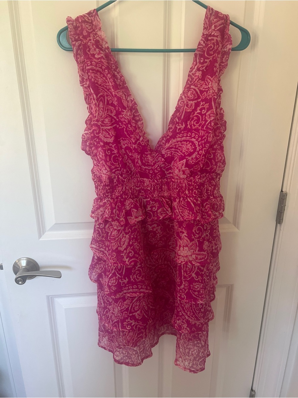 Fate Women’s Pink Paisley V-Neck Ruffle minidress
